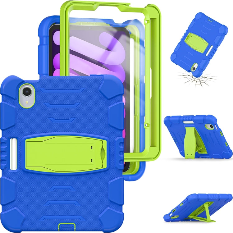 For iPad mini 6 / mini 2024 Tri-Layer Protection Screen Frame Heavy Duty PC Hybrid Silicone Case with Holder(Blue+Lime)
