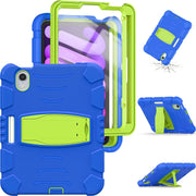 For iPad mini 6 / mini 2024 Tri-Layer Protection Screen Frame Heavy Duty PC Hybrid Silicone Case with Holder(Blue+Lime)