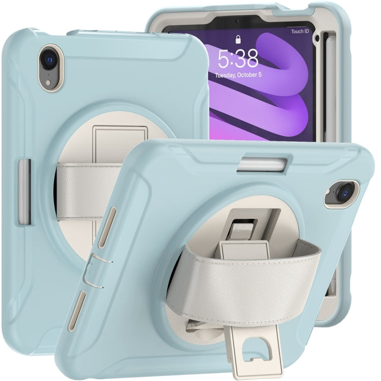 For iPad mini 6 360 Degree Rotation PC + TPU Protective Tablet Case with Holder & Hand-strap(Ice Blue)