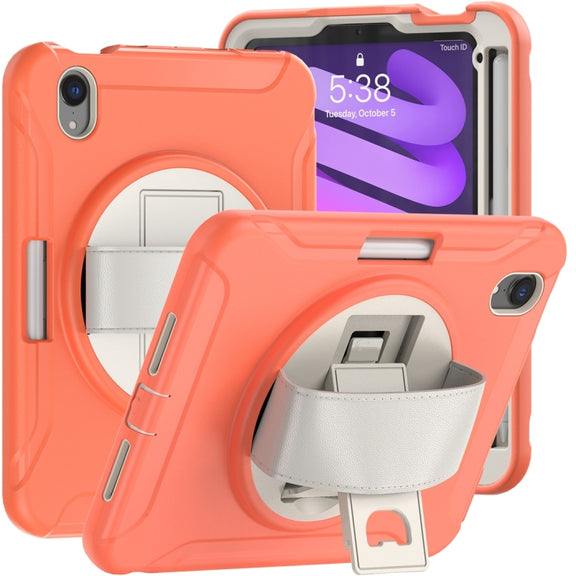 For iPad mini 6 / mini 2024 360 Degree Rotation PC + TPU Protective Tablet Case with Holder & Hand-strap(Coral Orange)