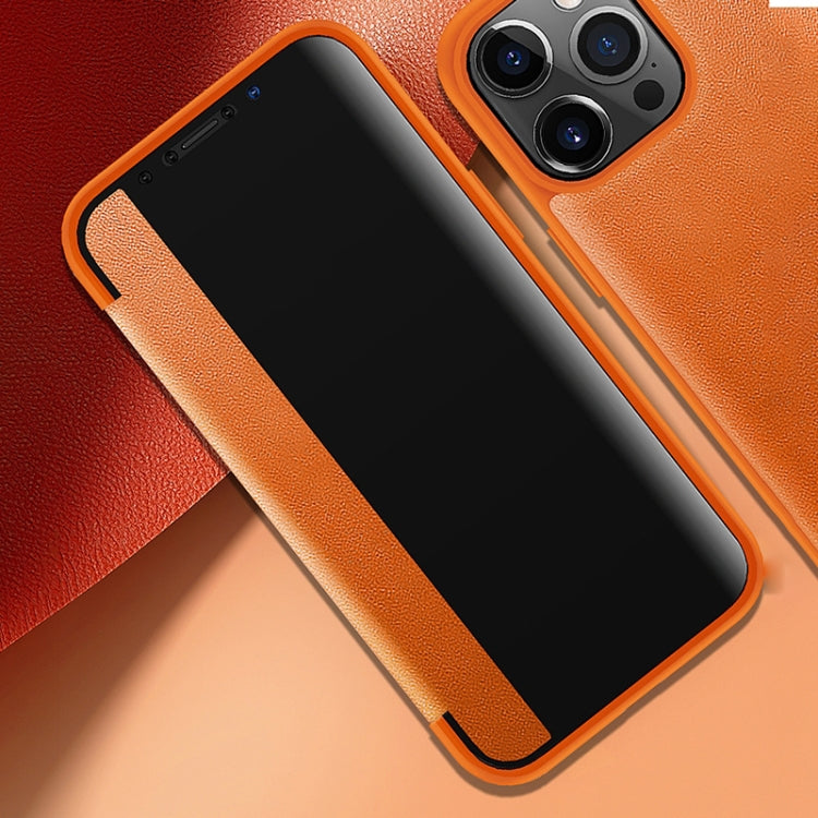 For iPhone 13 Pro Max Magnetic Side Window View Shockproof Horizontal Flip Leather Case (Orange)