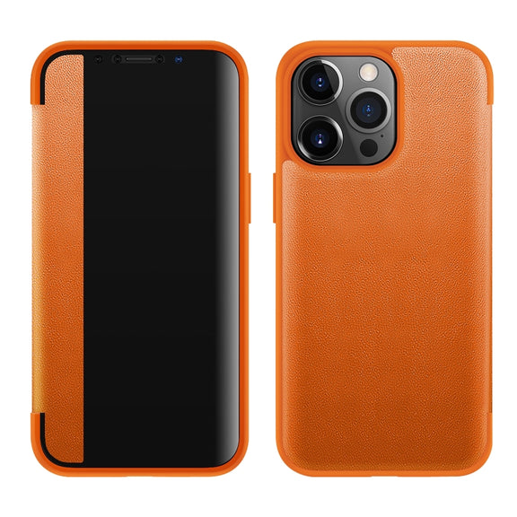 For iPhone 13 Pro Max Magnetic Side Window View Shockproof Horizontal Flip Leather Case (Orange)