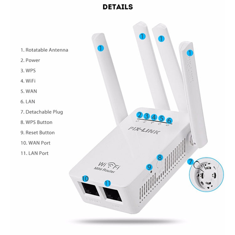 Wireless Smart WiFi Router Repeater with 4 WiFi Antennas, Plug Specification:UK Plug(White)