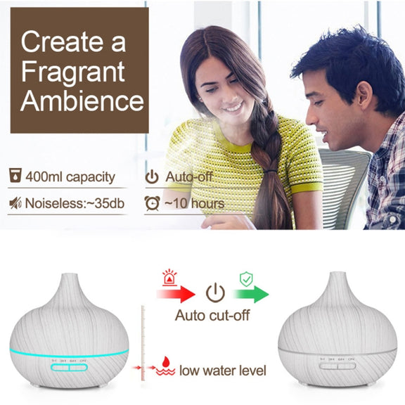 USB 400ml Wood Texture Fragrance Machine Pointed Mouth Humidifier Automatic Alcohol Sprayer with Colorful LED Light(Coffee)