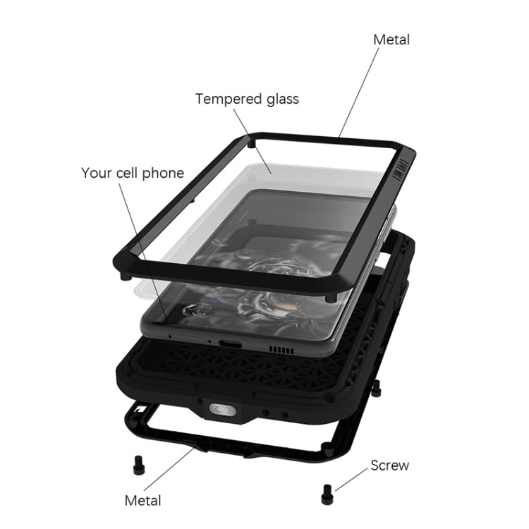 For Samsung Galaxy S21 FE LOVE MEI Metal Shockproof Water-resistant Dustproof Protective Phone Case with Glass(Silver)