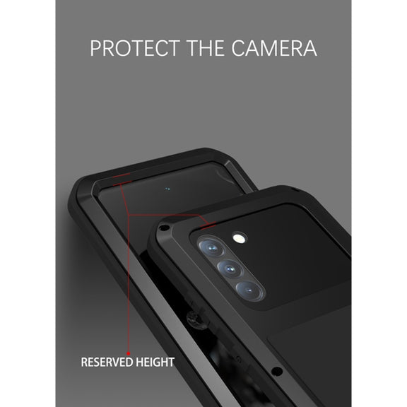 For Samsung Galaxy S21 FE LOVE MEI Metal Shockproof Water-resistant Dustproof Protective Phone Case with Glass(Silver)