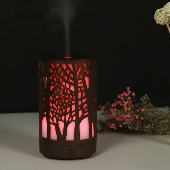 200ml Hollow-out Forest Pattern Wooden Essential Oil Aromatherapy Machine Ultrasonic Humidifier Automatic Alcohol Sprayer, Plug Specification:AU Plug(Dark Brown-3)