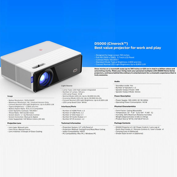 VIVIBRIGHT D5000 1920x1080P 420ANSI 6000Lumens LCD + LED HD Digital Projector, Screen Mirroring