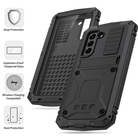 For Samsung Galaxy S21 FE R-JUST Rugged Phone Case with Holder(Black)