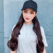 Hat Big Curve Wig One-piece Long Curly Chemical Fiber Headgear for Women(Dark Brown)