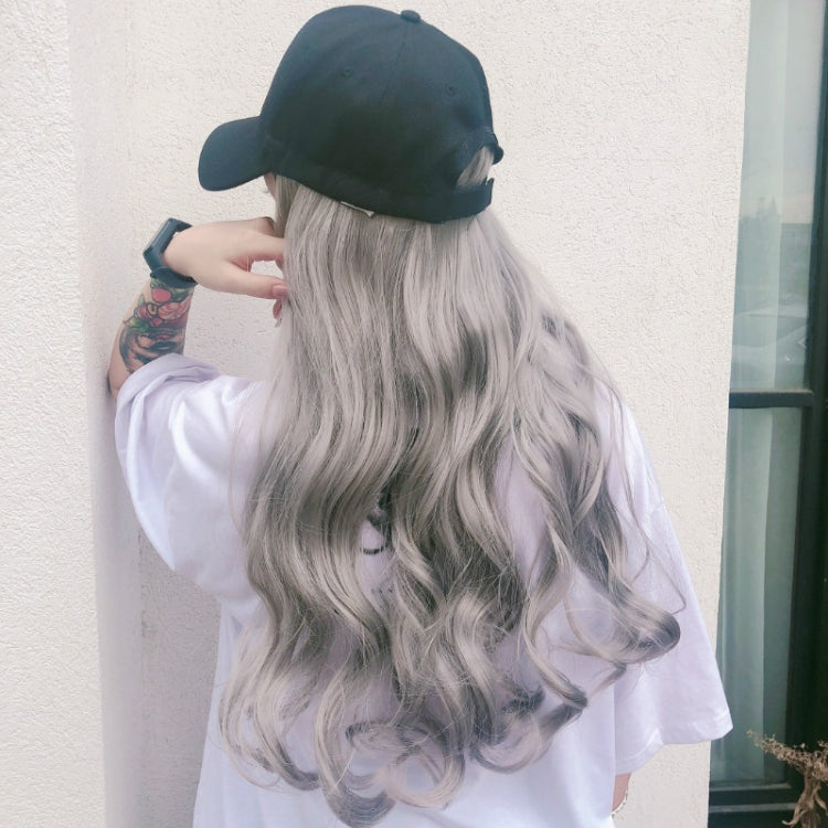Hat Big Curve Wig One-piece Long Curly Chemical Fiber Headgear for Women(Granny Grey)