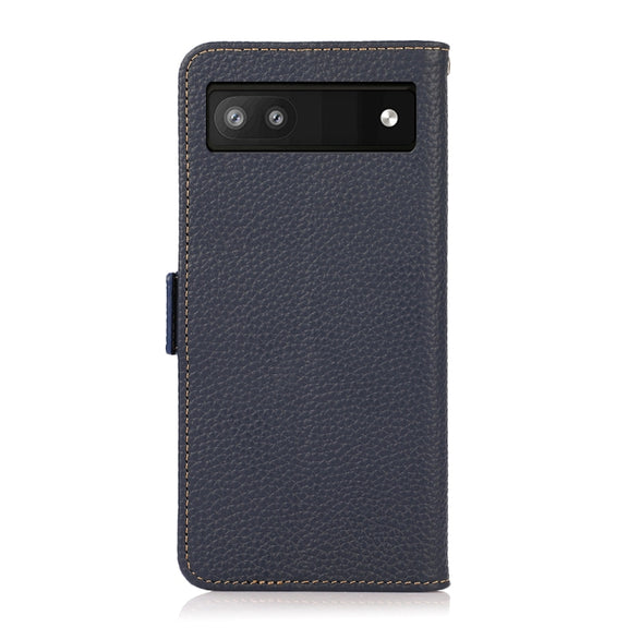 For Google Pixel 6a KHAZNEH Side-Magnetic Litchi Genuine Leather RFID Case(Blue)