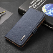 For Google Pixel 6a KHAZNEH Side-Magnetic Litchi Genuine Leather RFID Case(Blue)