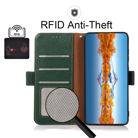 For OnePlus Nord CE 5G KHAZNEH Side-Magnetic Litchi Genuine Leather RFID Phone Case(Green)