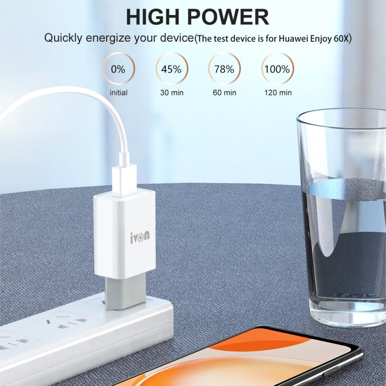 IVON AD-33 2 in 1 2.1A Single USB Port Travel Charger + 1m USB to Micro USB Data Cable Set, US Plug(White)