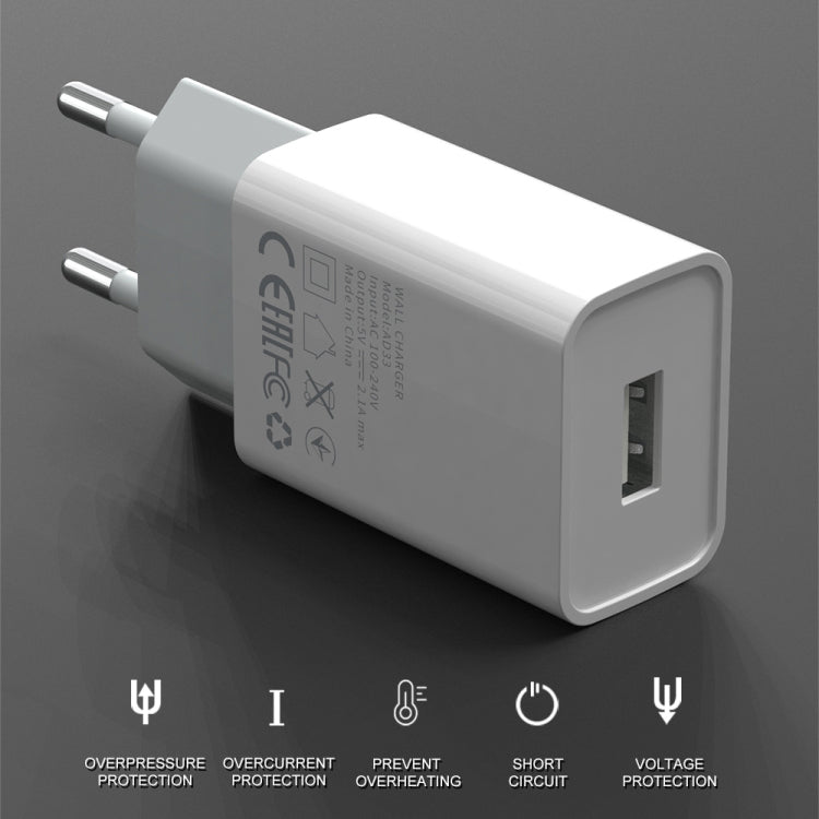 IVON AD-33 2 in 1 2.1A Single USB Port Travel Charger + 1m USB to Micro USB Data Cable Set, US Plug(White)