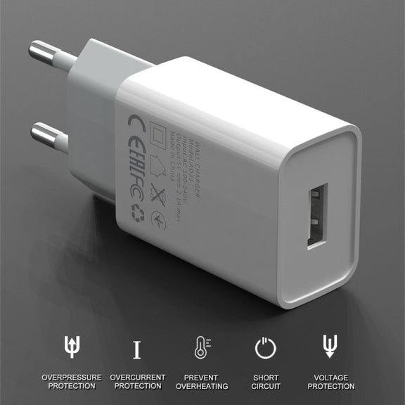 IVON AD-33 2 in 1 2.1A Single USB Port Travel Charger + 1m USB to Micro USB Data Cable Set, US Plug(White)