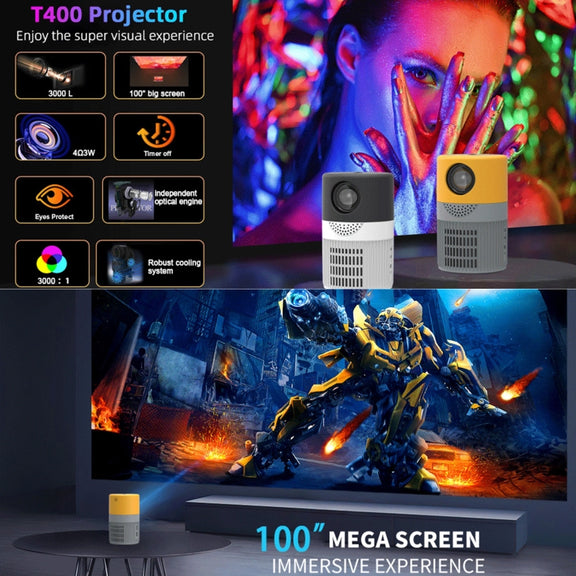 T400 100 inch Screen 3000 Lumens LED Mini Projector, Plug Type:EU Plug(Black White)