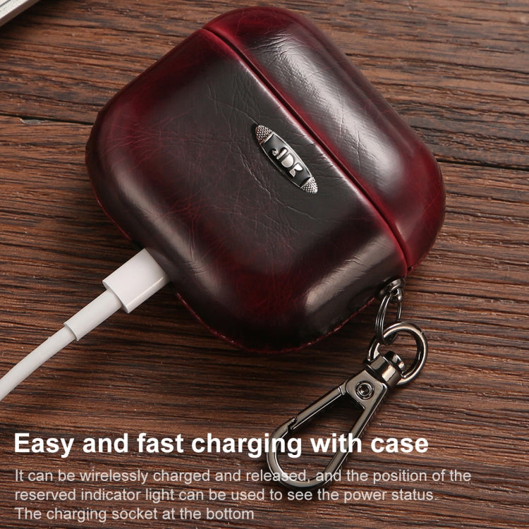 Oil Wax Leather Texture Earphone Protective Case with Hang Buckle For AirPods 1 / 2(Dark Green)