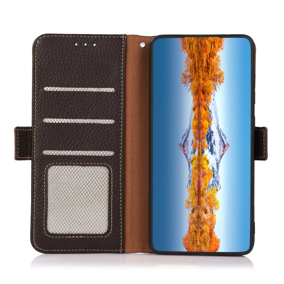 For Motorola Moto G22 KHAZNEH Side-Magnetic Litchi Genuine Leather RFID Phone Case(Brown)