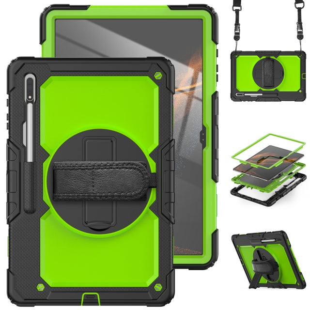 For Samsung Galaxy Tab S10 Ultra / S9 Ultra / S8 Ultra Silicone + PC Tablet Case with Shoulder Strap(Black+Yellow Green)