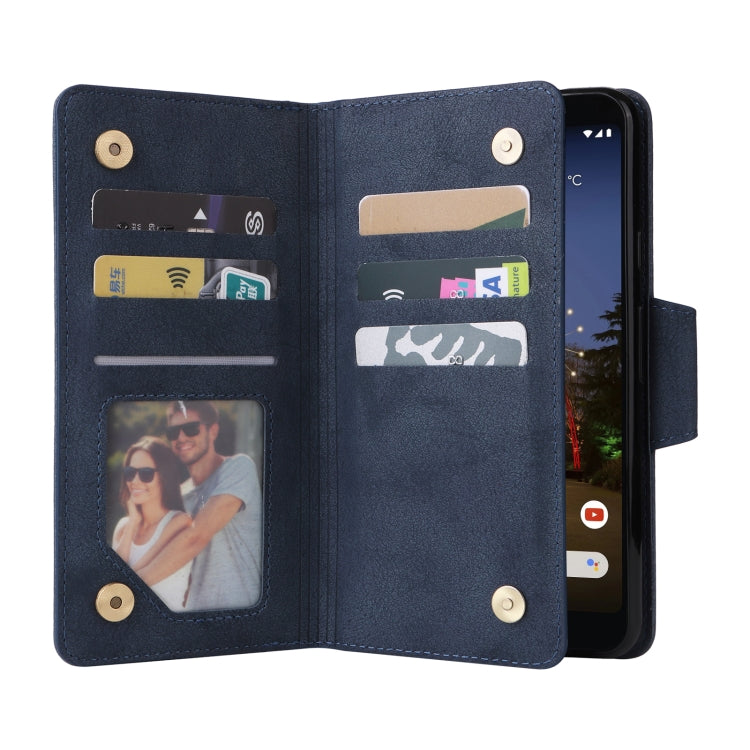 For Google Pixel 3A XL Rivet Buckle 9 Cards Three Fold Leather Phone Case(Blue)