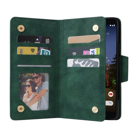 For Google Pixel 3A XL Rivet Buckle 9 Cards Three Fold Leather Phone Case(Green)