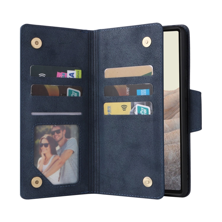 For Google Pixel 6 Pro Rivet Buckle 9 Cards Three Fold Leather Phone Case(Blue)