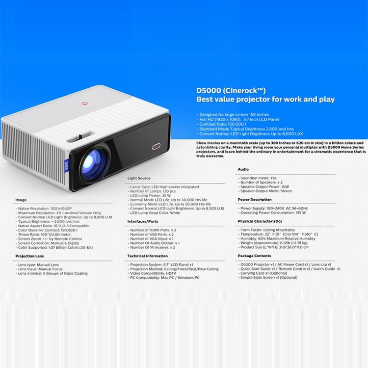 VIVIBRIGHT D5000 1920x1080P 420ANSI 6000Lumens LCD + LED HD Digital Projector, Basic Version US Plug