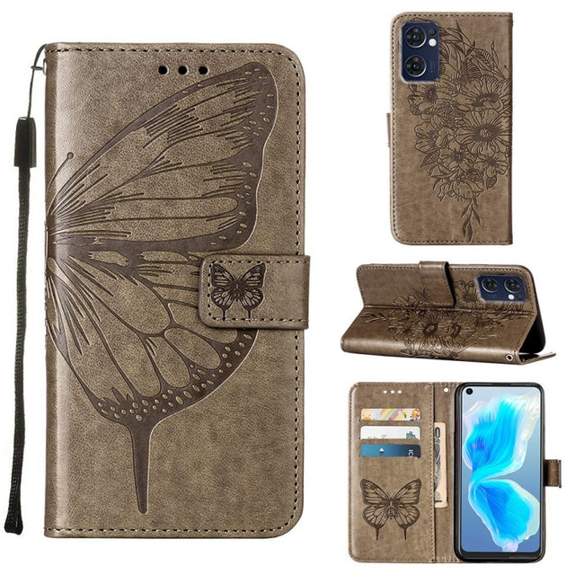 For OPPO Reno7 5G Global/Find X5 Lite Embossed Butterfly Leather Phone Case(Grey)