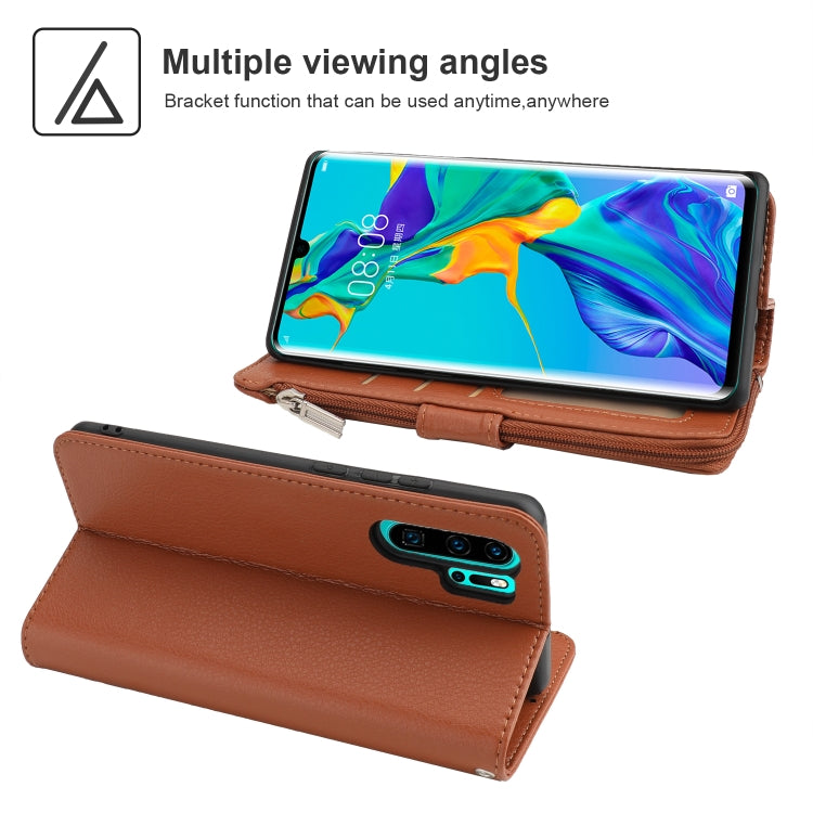For Huawei P30 Pro Microfiber Zipper Horizontal Flip Leather Case(Brown)