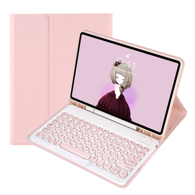 YA700B Candy Color Skin Feel Texture Round Keycap Bluetooth Keyboard Leather Case For Samsung Galaxy Tab S8 11 inch SM-X700 / SM-X706 & S7 11 inch SM-X700 / SM-T875(Pink)