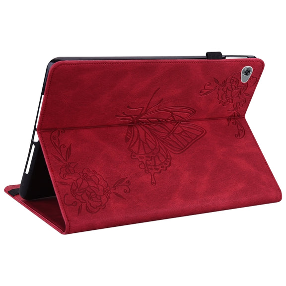For Huawei MediaPad M5 Lite Butterfly Flower Embossed Leather Tablet Case(Red)