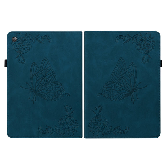 For Amazon Kindle Fire HD 10 2019 / 2017 Butterfly Flower Embossed Leather Tablet Case(Blue)