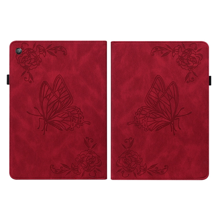 For Amazon Kindle Fire HD 10 2019 / 2017 Butterfly Flower Embossed Leather Tablet Case(Red)