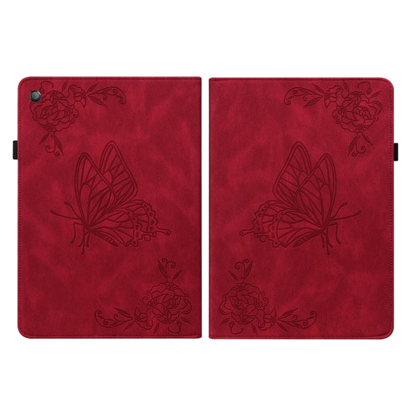 For Amazon Kindle Fire HD 10 2019 / 2017 Butterfly Flower Embossed Leather Tablet Case(Red)