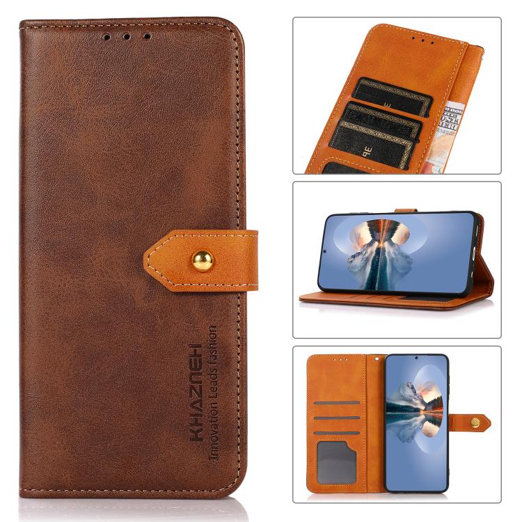 For iPhone 15 KHAZNEH Dual-color Cowhide Texture Flip Leather Phone Case(Brown)
