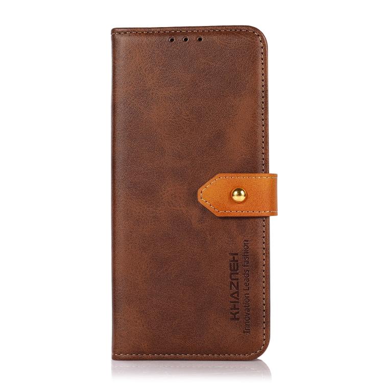 For iPhone 15 KHAZNEH Dual-color Cowhide Texture Flip Leather Phone Case(Brown)