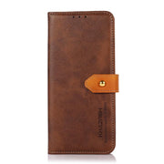 For iPhone 15 KHAZNEH Dual-color Cowhide Texture Flip Leather Phone Case(Brown)