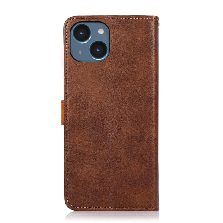 For iPhone 15 KHAZNEH Dual-color Cowhide Texture Flip Leather Phone Case(Brown)
