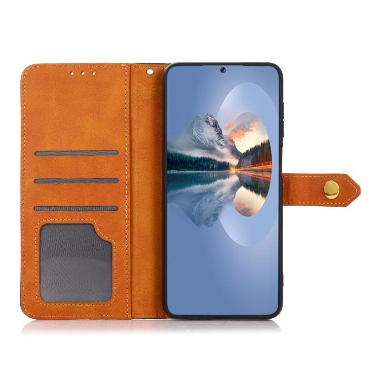 For iPhone 15 KHAZNEH Dual-color Cowhide Texture Flip Leather Phone Case(Brown)