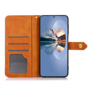 For iPhone 15 KHAZNEH Dual-color Cowhide Texture Flip Leather Phone Case(Brown)