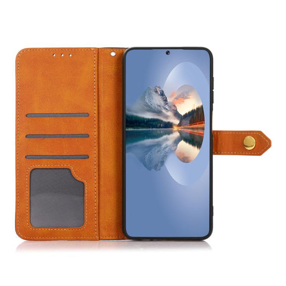 For iPhone 15 KHAZNEH Dual-color Cowhide Texture Flip Leather Phone Case(Brown)