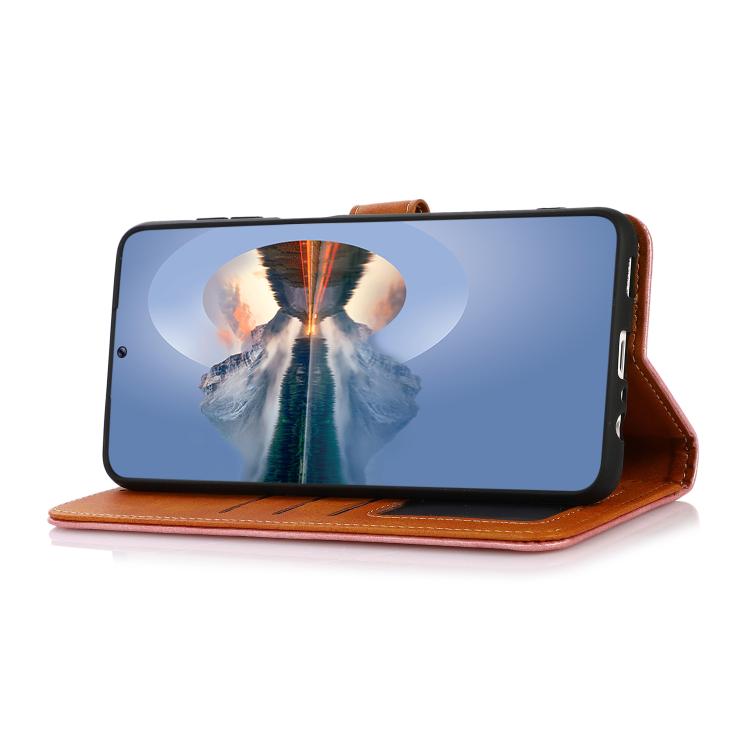 For iPhone 15 KHAZNEH Dual-color Cowhide Texture Flip Leather Phone Case(Brown)
