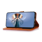 For iPhone 15 KHAZNEH Dual-color Cowhide Texture Flip Leather Phone Case(Brown)