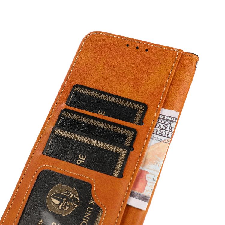 For iPhone 15 KHAZNEH Dual-color Cowhide Texture Flip Leather Phone Case(Brown)