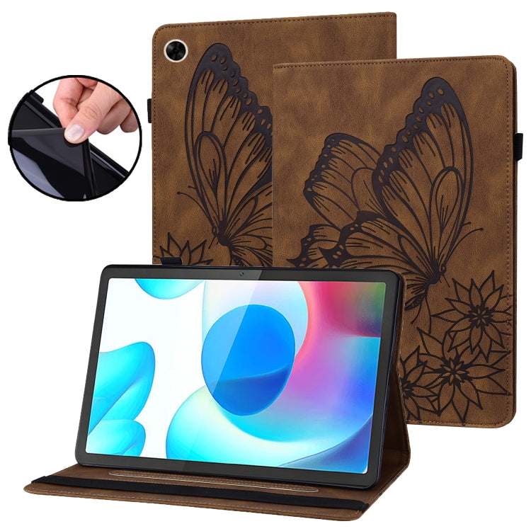 For Realme Pad Big Butterfly Embossed Leather Tablet Case(Brown)