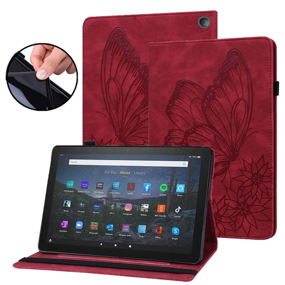For Amazon Kindle Fire HD 10 / 10 Plus 2021 Big Butterfly Embossed Leather Tablet Case(Red)