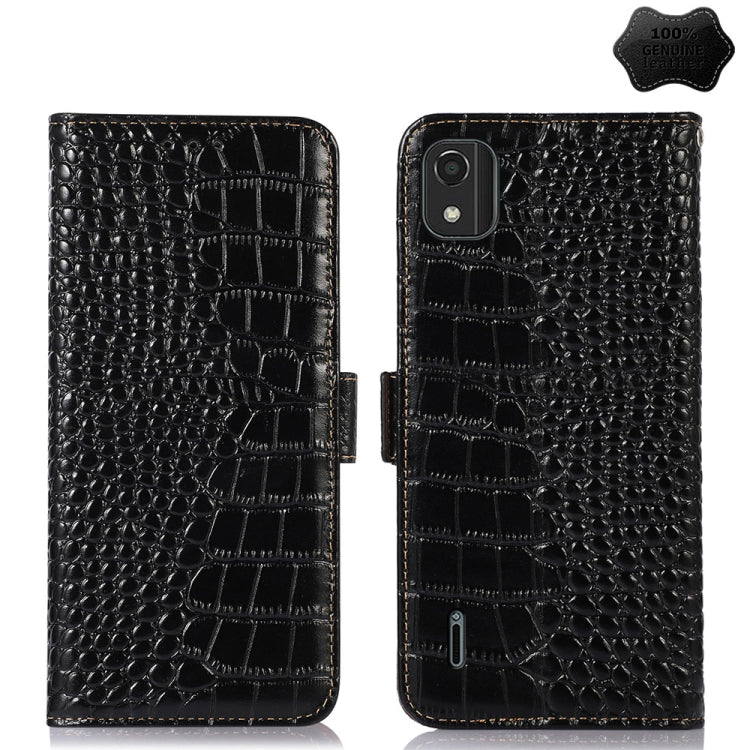 For Nokia C2 2nd Edition Crocodile Top Layer Cowhide Leather Phone Case(Black)