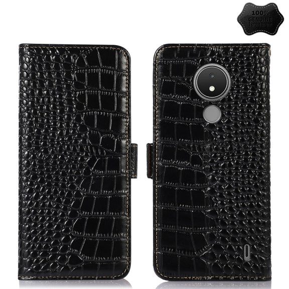 For Nokia C21 Crocodile Top Layer Cowhide Leather Phone Case(Black)